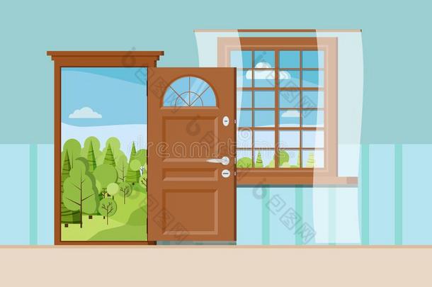 木材断开的入口门和窗和美丽的夏看法