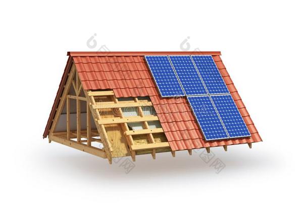 建筑物.屋顶隔离和安装关于太阳的镶板.
