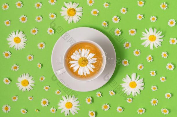 杯子关于甘菊茶水和新鲜的花花向彩色粉笔绿色的英文字母表的第19个字母