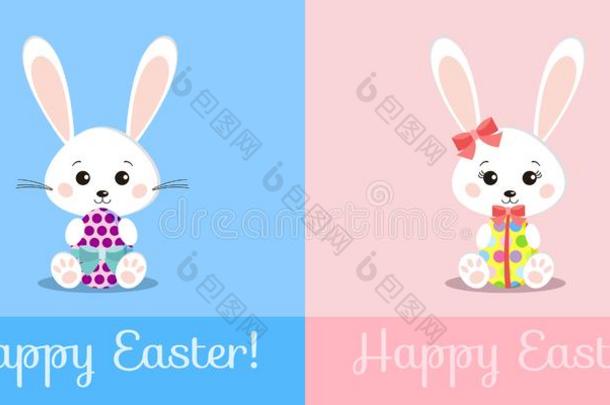 招呼卡片和甜的白色的复活节兔子男孩和女孩霍蒂
