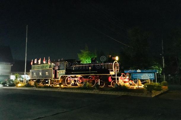 模型ThaiAirwaysInternational泰航国际老的蒸汽火车采用夜地点