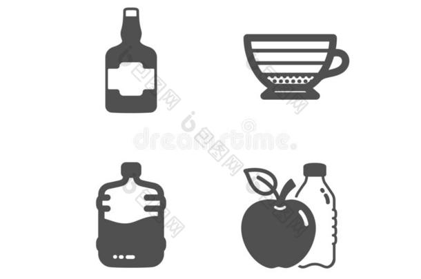 卡普契诺咖啡,<strong>威士忌酒瓶</strong>子和冷藏箱瓶子偶像.苹果符号.