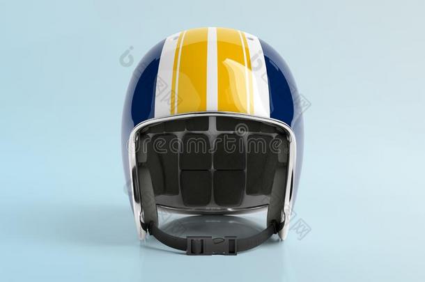 蓝色和黄色的酿酒的摩托车头盔隔离的向蓝色后面