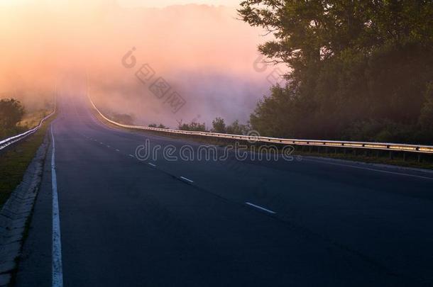 登斯Dench的变体早的早晨雾采用高原在夏公路在近处河机智