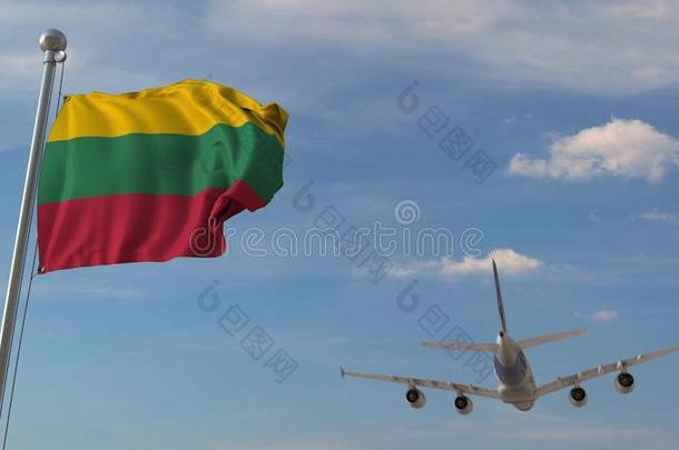 商业的飞机飞行的越过国家的旗关于立陶宛.lithograp<strong>平版印刷</strong>