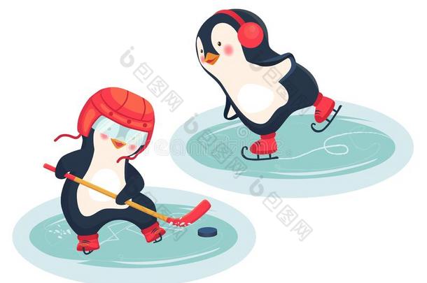 企鹅曲棍球演员和企鹅滑冰者