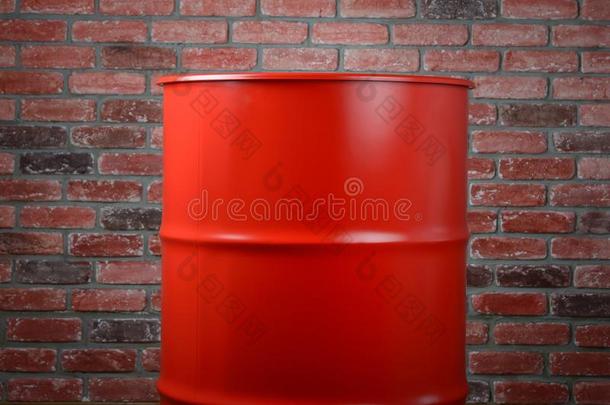 大的红色的桶向砖墙背景
