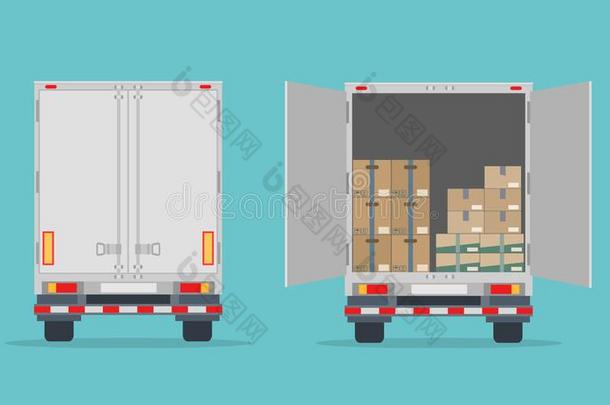 敞开的传送货车和卡纸板盒和关闭着的货车.伊索拉