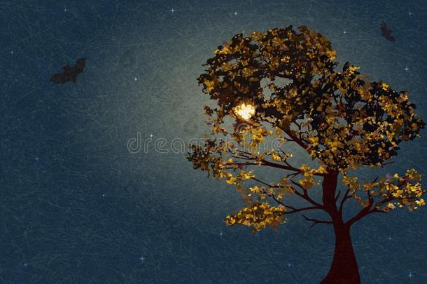 秋树向背景月的夜和布满星星的天和神经不正常的.