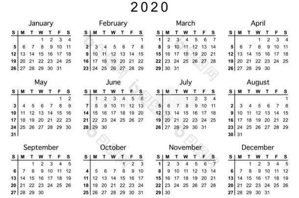 日历2020,一星期出发向星期日