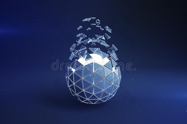 蓝色二十面体球形状和飞行的多边形3英语字母表中的第四个字母翻译