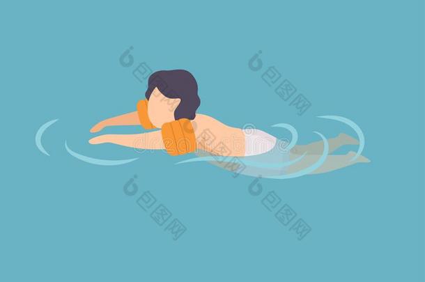 漂亮的男孩游泳采用水Wear采用g需充气的臂带,小孩穿孔的