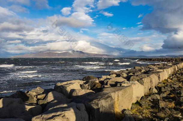海滩看法向格罗塔冰岛在近处雷克雅末克采用<strong>青瓷</strong>