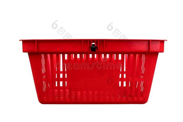 空的红色的塑料制<strong>品购</strong>物篮隔离的向白色的背景.