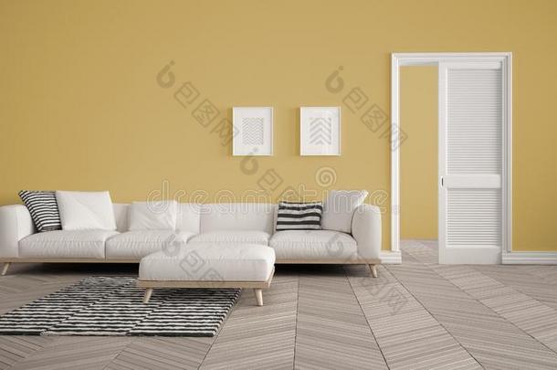 现代的活的房间和白色的沙发和地毯,黄色的墙后面
