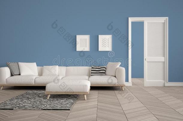 现代的活的房间和白色的沙发和地毯,蓝色墙后座议员