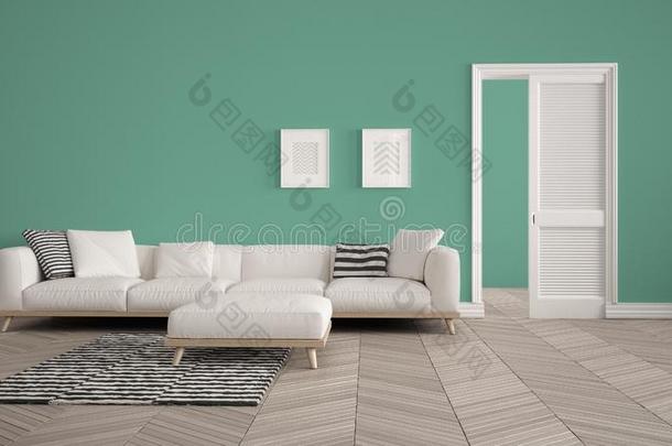 现代的活的房间和白色的沙发和地毯,绿松石墙波黑