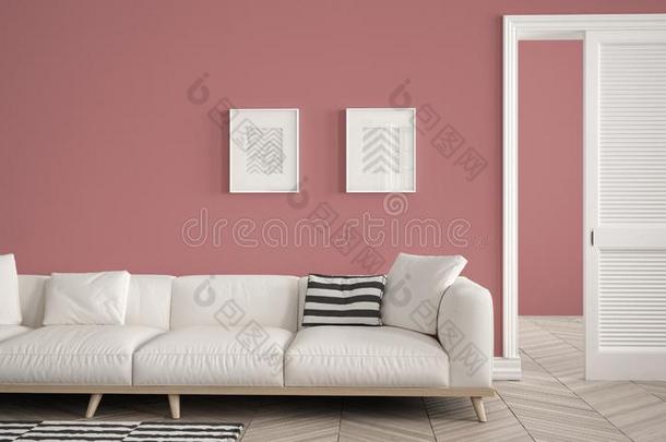 现代的活的房间和白色的沙发和地毯,红色的墙后台