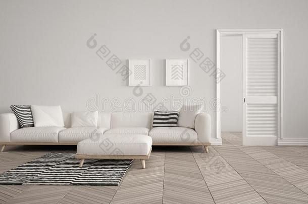 现代的活的房间和白色的沙发和地毯,空白的墙后面