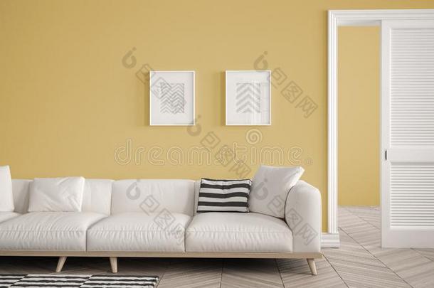 <strong>现代</strong>的活的房间和白色的沙发和<strong>地毯</strong>,黄色的墙后面