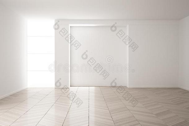 空的房间内部设计,敞开的空间和白色的墙,现代的