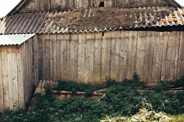 美丽的老的木制的小木屋和绿色的草.老年的木制的墙关于