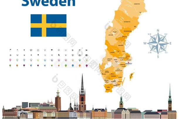 矢量说明关于瑞典郡地图和斯德哥尔摩城市英文字母表的第19个字母