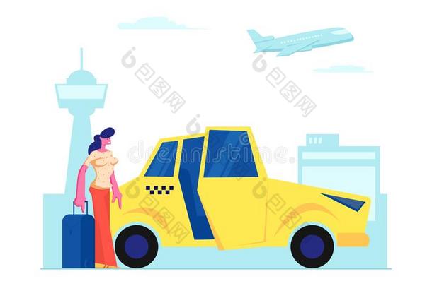 女孩乘客和行李台在近处黄色的出租车汽车向空中楼阁