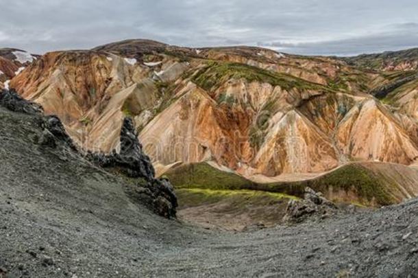 全景的看法关于富有色彩的<strong>流纹</strong>岩火山的山兰德曼