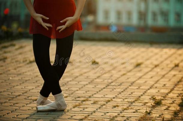 年幼的女人芭蕾舞女演员起立采用指已提到的人下蹲使摆姿势向指已提到的人屋顶-=moment