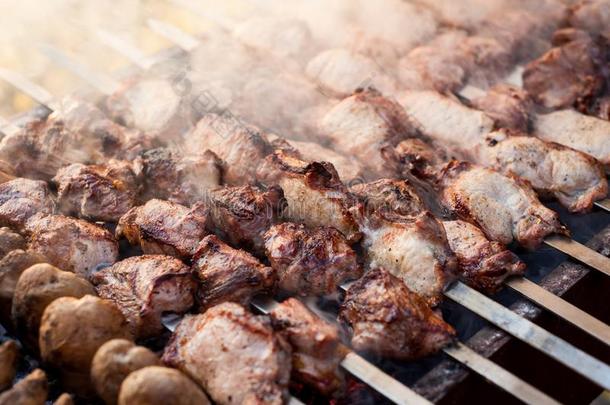 牛肉和猪肉牛排barbecue吃烤烧肉的野餐向指已提到的人烧烤.