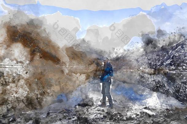 抽象的水彩绘画关于起立男人向山,迪吉塔