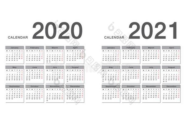 年2020和年2021日历水平的矢量设计坦普拉