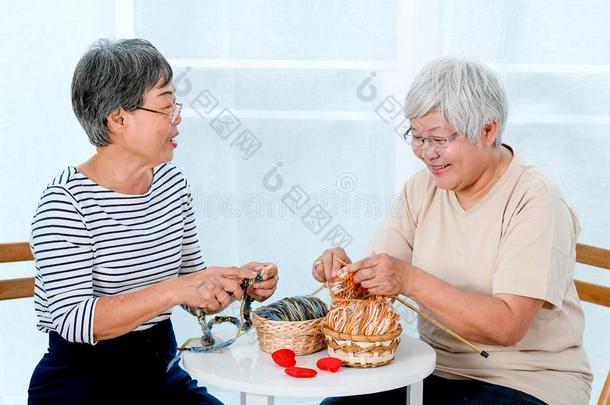 两个亚洲人上了年纪的女人坐向椅子和aux.用以构成完成式及完成式的不定式活动关于奈特