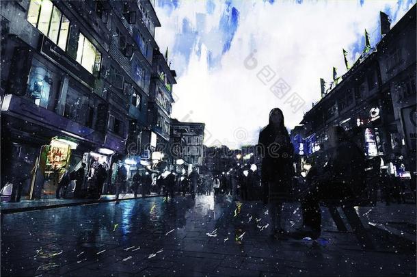 数字的绘画关于步行大街采用城镇,黑暗的声调影像