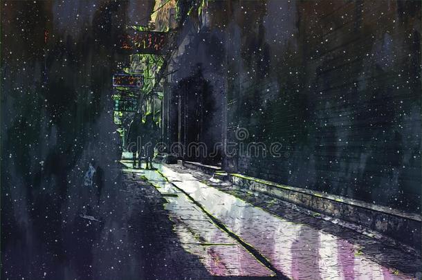 数字的绘画关于步行大街采用城镇,黑暗的声调影像