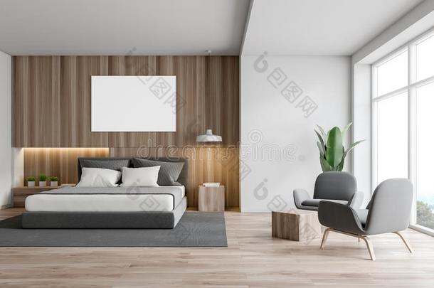 白色的和木材卧室内部,海报,扶手椅