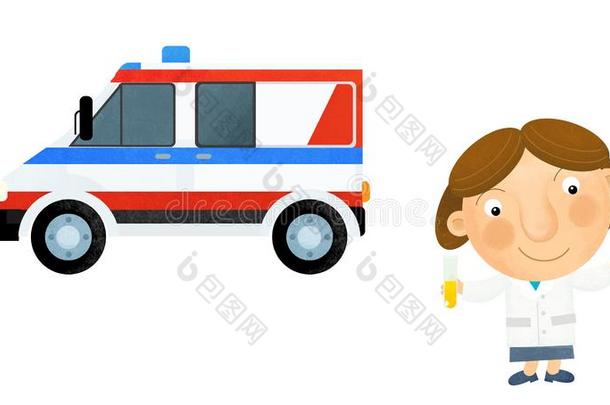 漫画地点和女孩<strong>医生</strong>展映救护车汽车向白色的波黑