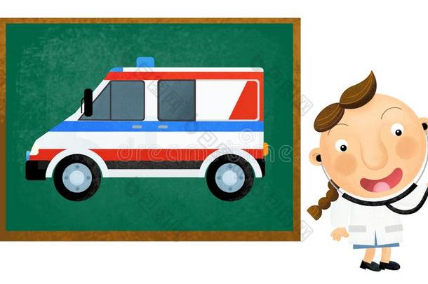 漫画地点和女孩<strong>医生</strong>展映救护车汽车向白色的波黑