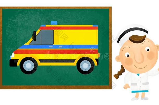 漫画地点和女孩医生展映救护车汽车向白色的波黑