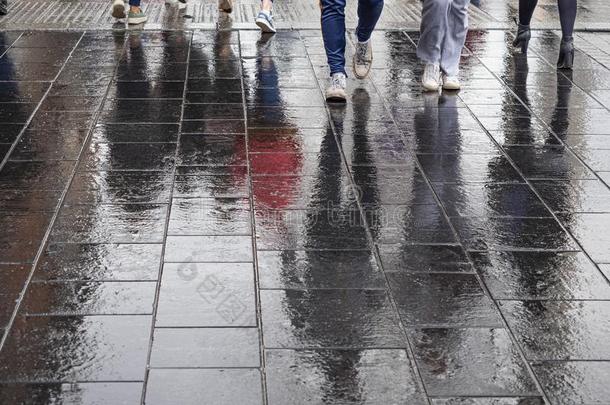 脚关于人步行和他们的反映向指已提到的人湿的沥青英语字母表的第15个字母