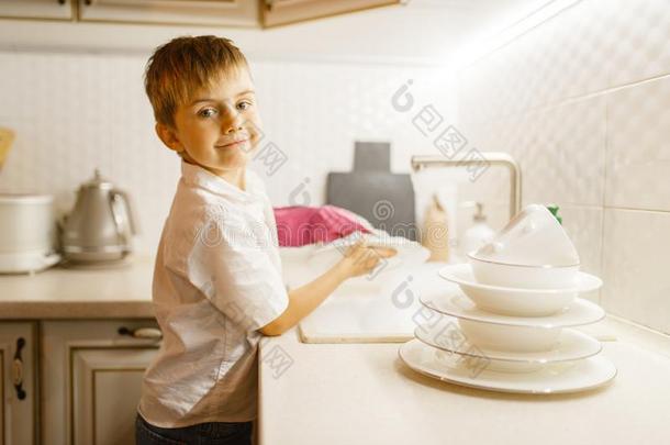 小的男孩采用拳击手套wash采用g盘向指已提到的人厨房