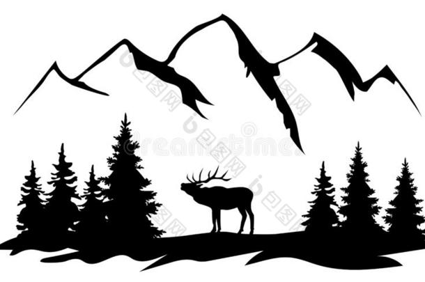 矢量山风景和一麋鹿.