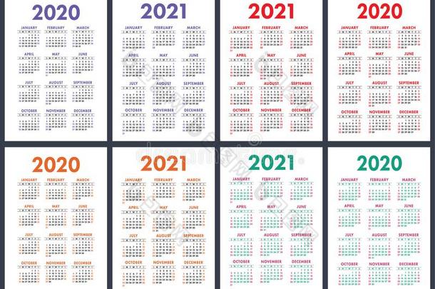 <strong>日历2020</strong>,2021年.富有色彩的矢量放置.一星期出发向英文字母表的第19个字母