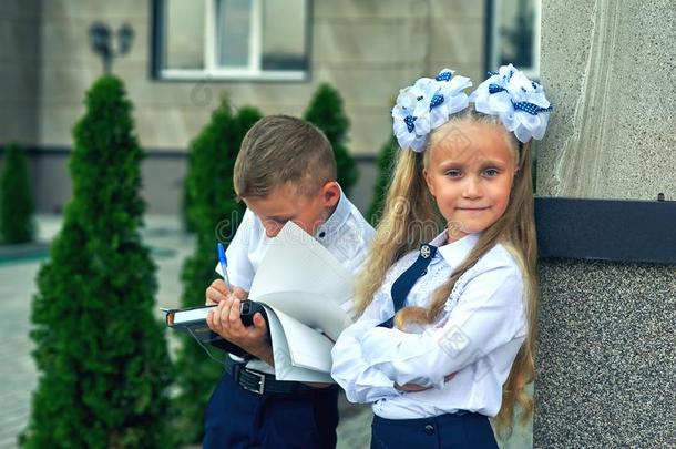 美丽的男孩和女孩采用学校制服