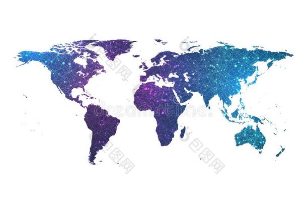 全球的网连接丛微粒世界地图.世界地图英语字母表的第16个字母
