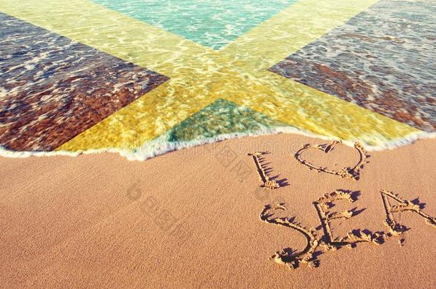 海滩沙,海和旗牙买加.我爱牙买加观念