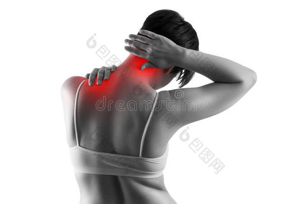 颈痛苦,女人受苦从背痛隔离的向白色的后面