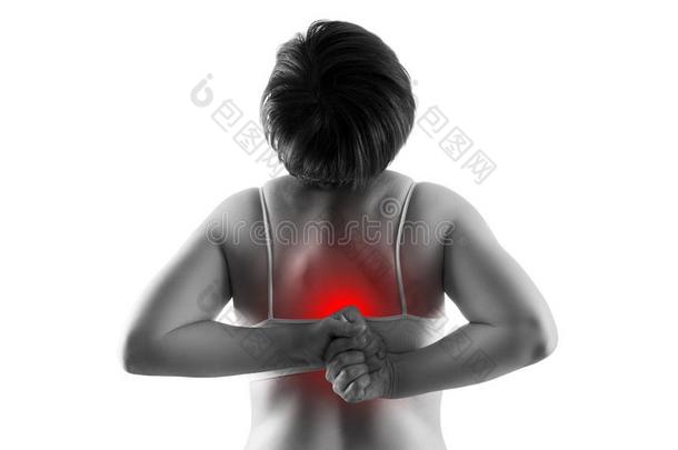 背痛苦,女人受苦从背痛隔离的向白色的后面