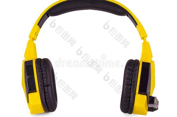 指已提到的人黄色的耳机和一扩音器isol一ted向白色的b一ckgr